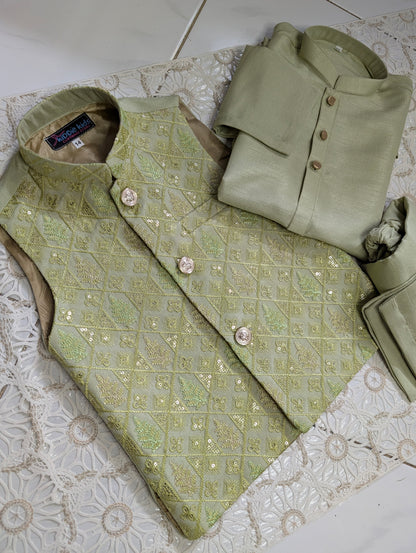 Olive Green Embroidered Waistcoat with Kurta Trouser