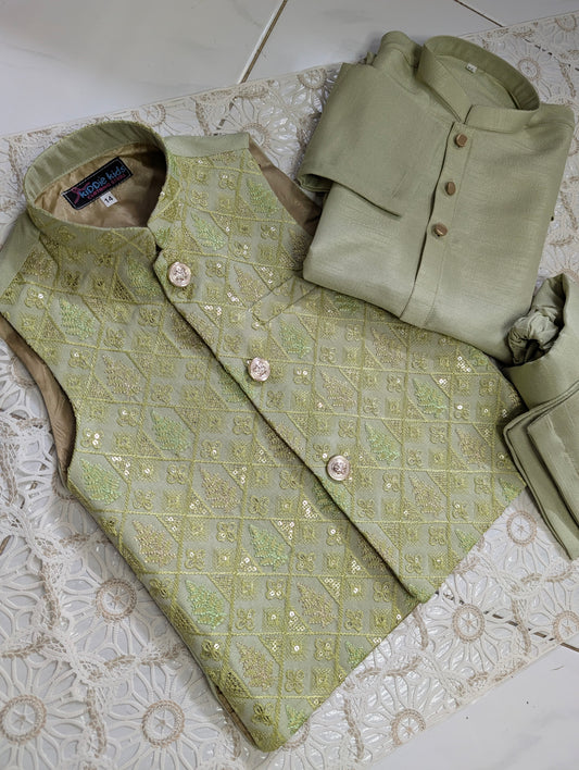 Olive Green Embroidered Waistcoat with Kurta Trouser