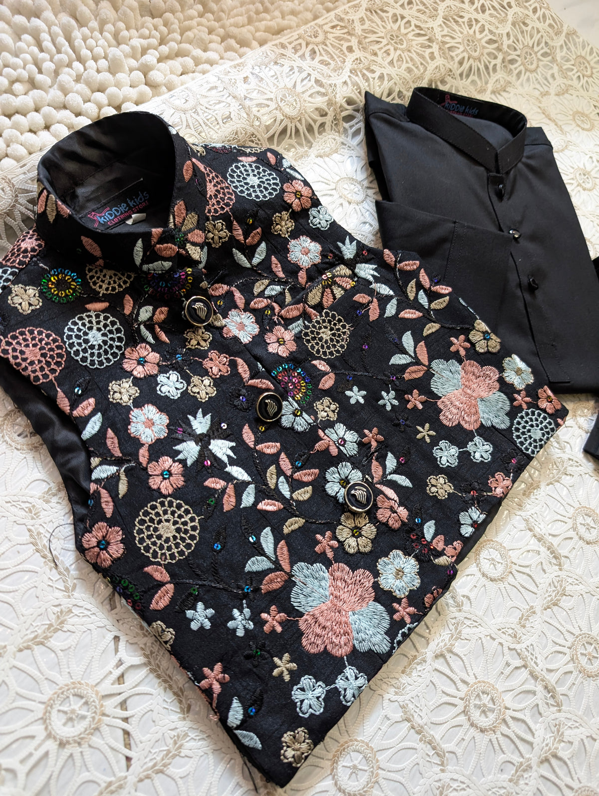 Black Floral Embroidered Waistcoat with Kurta Trouser