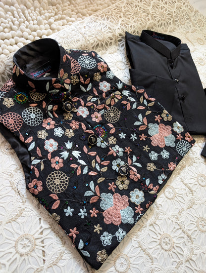 Black Floral Embroidered Waistcoat with Kurta Trouser