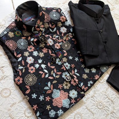Black Floral Embroidered Waistcoat with Kurta Trouser