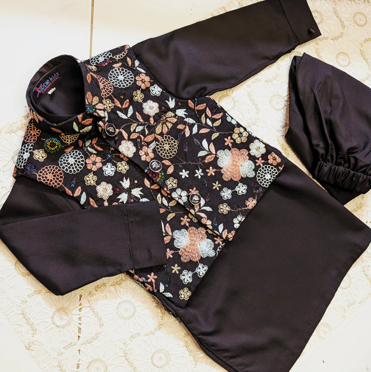 Black Floral Embroidered Waistcoat with Kurta Trouser