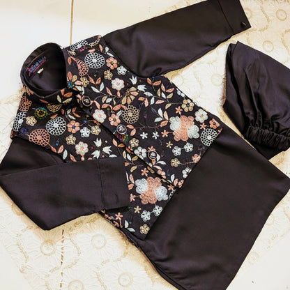 Black Floral Embroidered Waistcoat with Kurta Trouser