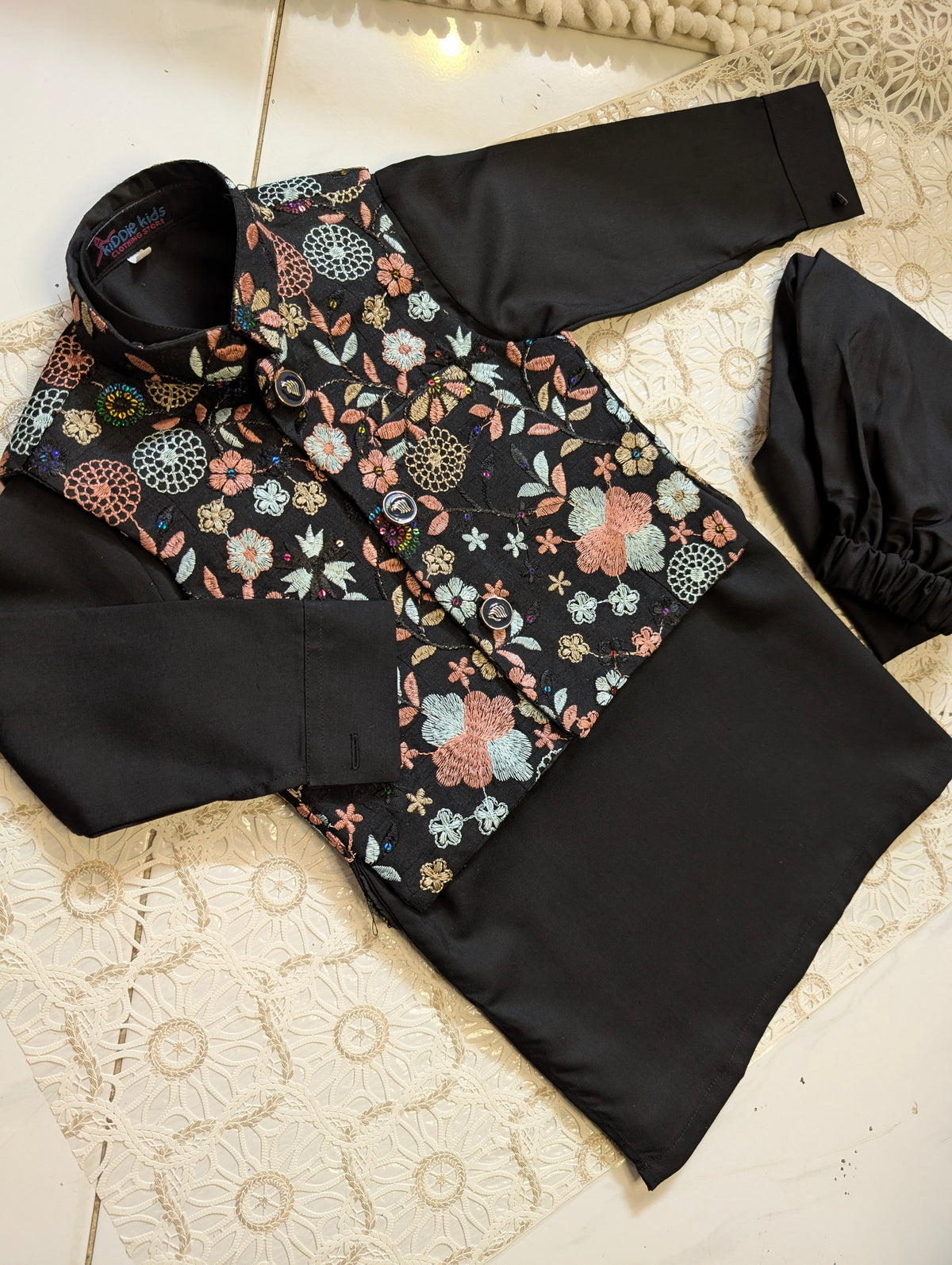 Black Floral Embroidered Waistcoat with Kurta Trouser