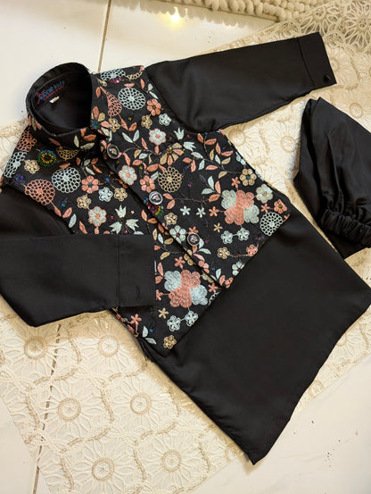 Black Floral Embroidered Waistcoat with Kurta Trouser