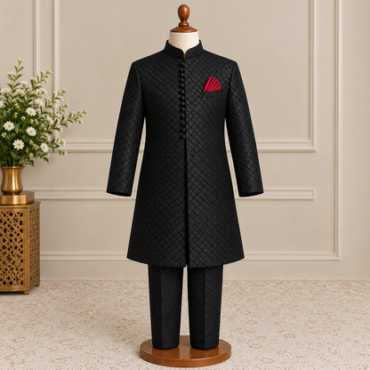 Royal Black Self Embroidered Loops Sherwani with Trouser