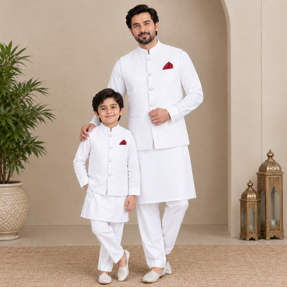 FATHER SON WHITE KURTA TROUSER SET WITH WAISTCOAT