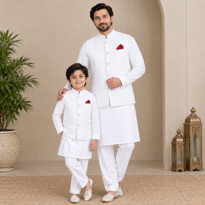 FATHER SON WHITE KURTA TROUSER SET WITH WAISTCOAT