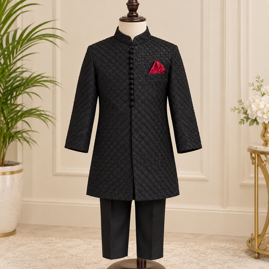 Royal Black Self Embroidered Loops Sherwani with Trouser