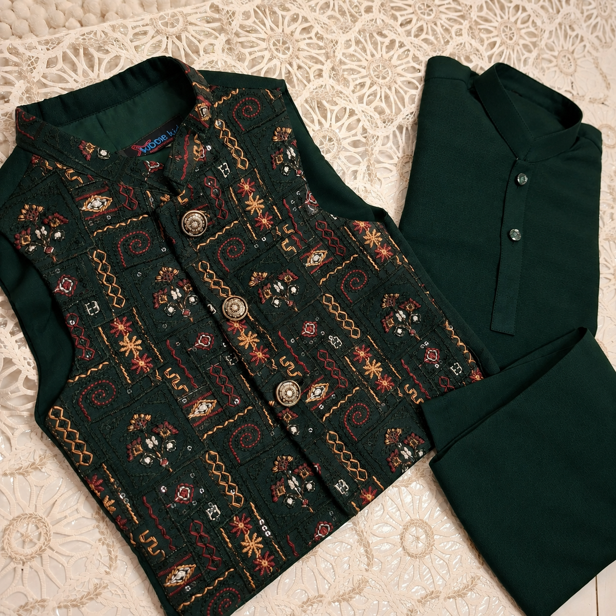 Emerald Green Sequence Embroidered Waistcoat with Kurta Trouser