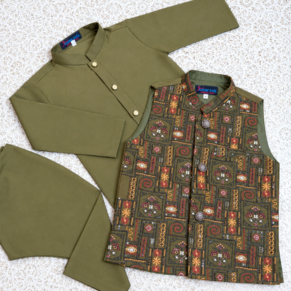 Mehndi Green Sequence Embroidered Waistcoat with Kurta Trouser