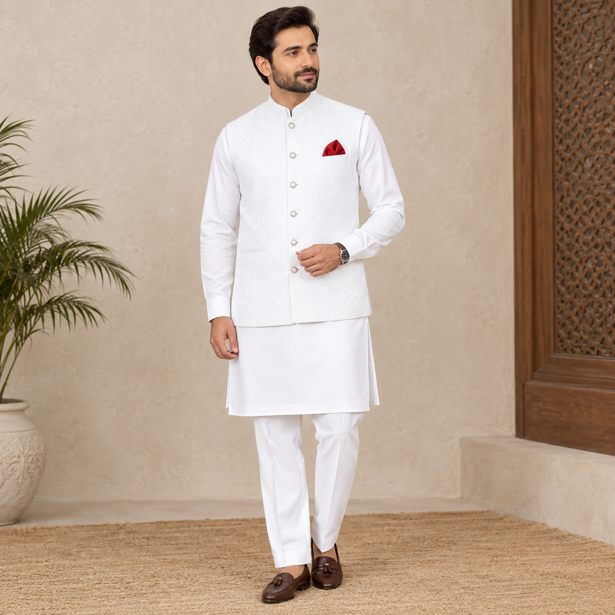 PURE WHITE MEN KURTA TROUSER SET WITH WAISTCOAT