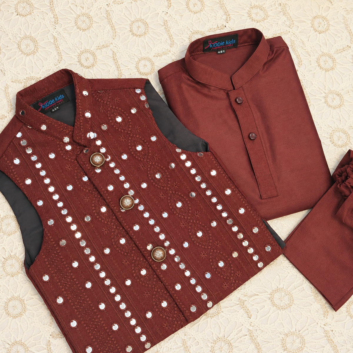 Royal Maroon Sequence Embroidered Waistcoat with Kurta Trouser