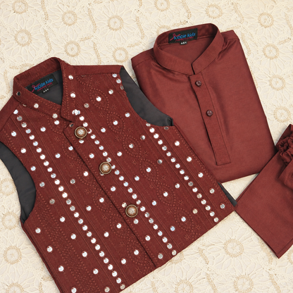 Royal Maroon Sequence Embroidered Waistcoat with Kurta Trouser