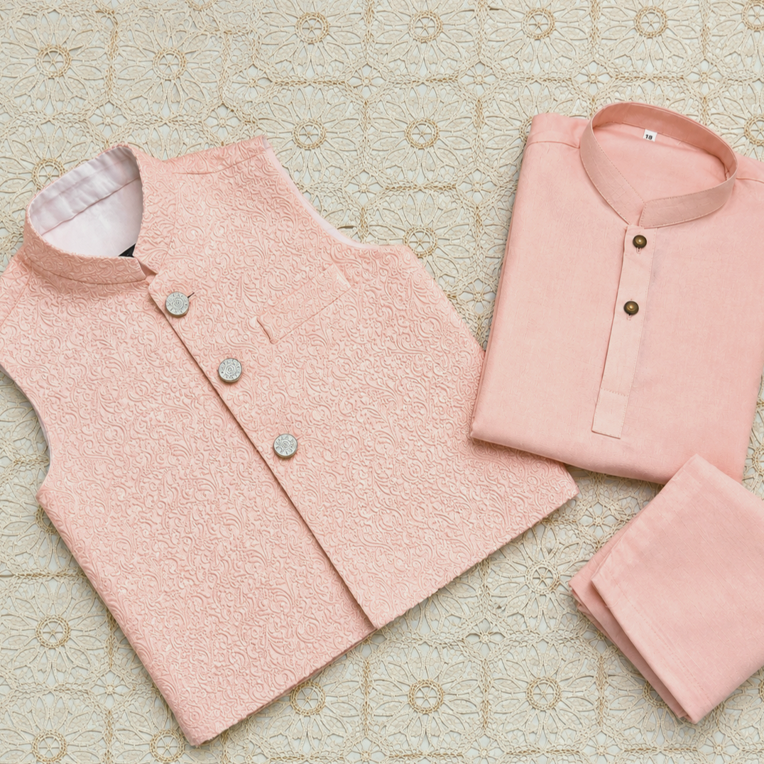 Peachy Pink Embroidered Waistcoat with Kurta Trouser