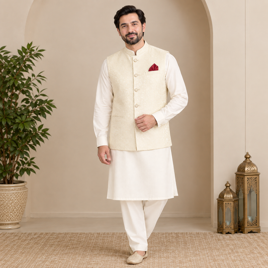 OFFWHITE MEN KURTA TROUSER SET WITH WAISTCOAT