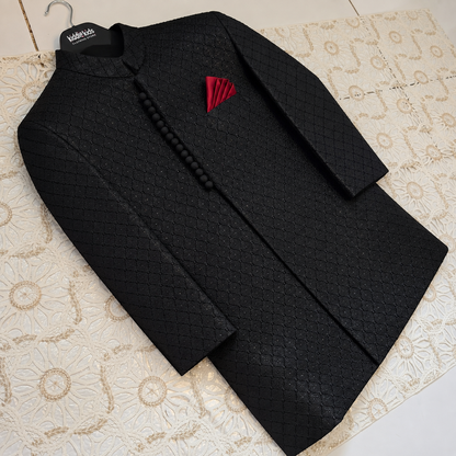 Royal Black Self Embroidered Loops Sherwani with Trouser