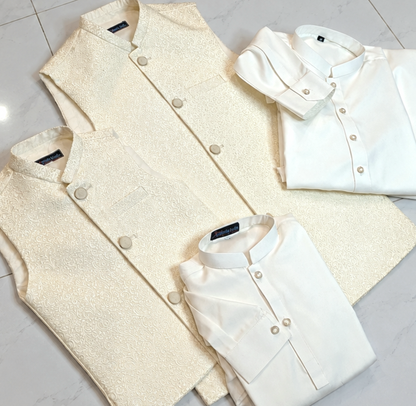 FATHER SON OFFWHITE KURTA TROUSER SET WITH WAISTCOAT