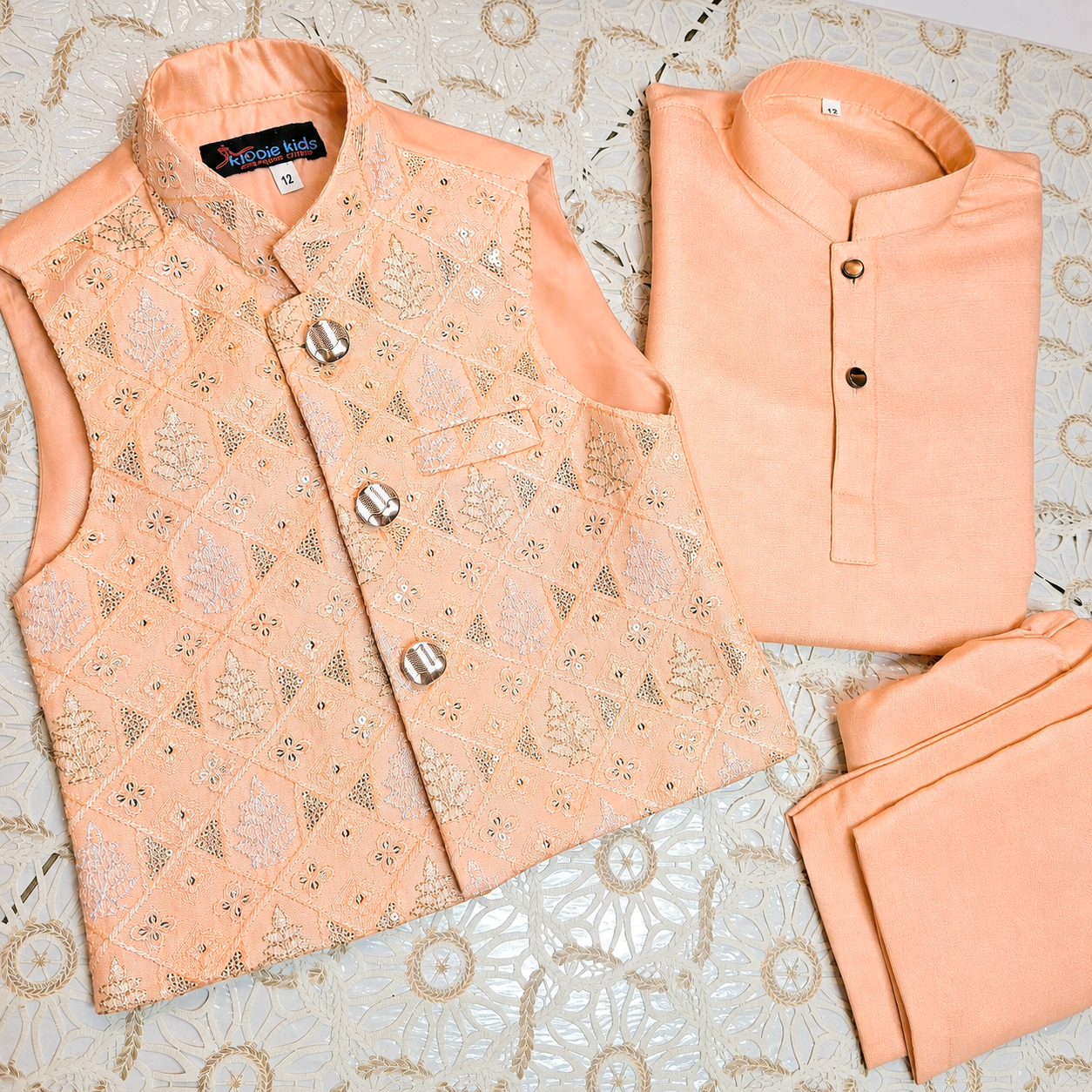 Peach Sequence Embroidered Waistcoat with Kurta Trouser
