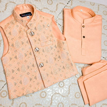 Peach Sequence Embroidered Waistcoat with Kurta Trouser