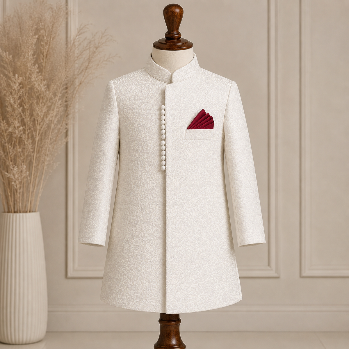 Royal White Self Embroidered Loops Sherwani with Trouser