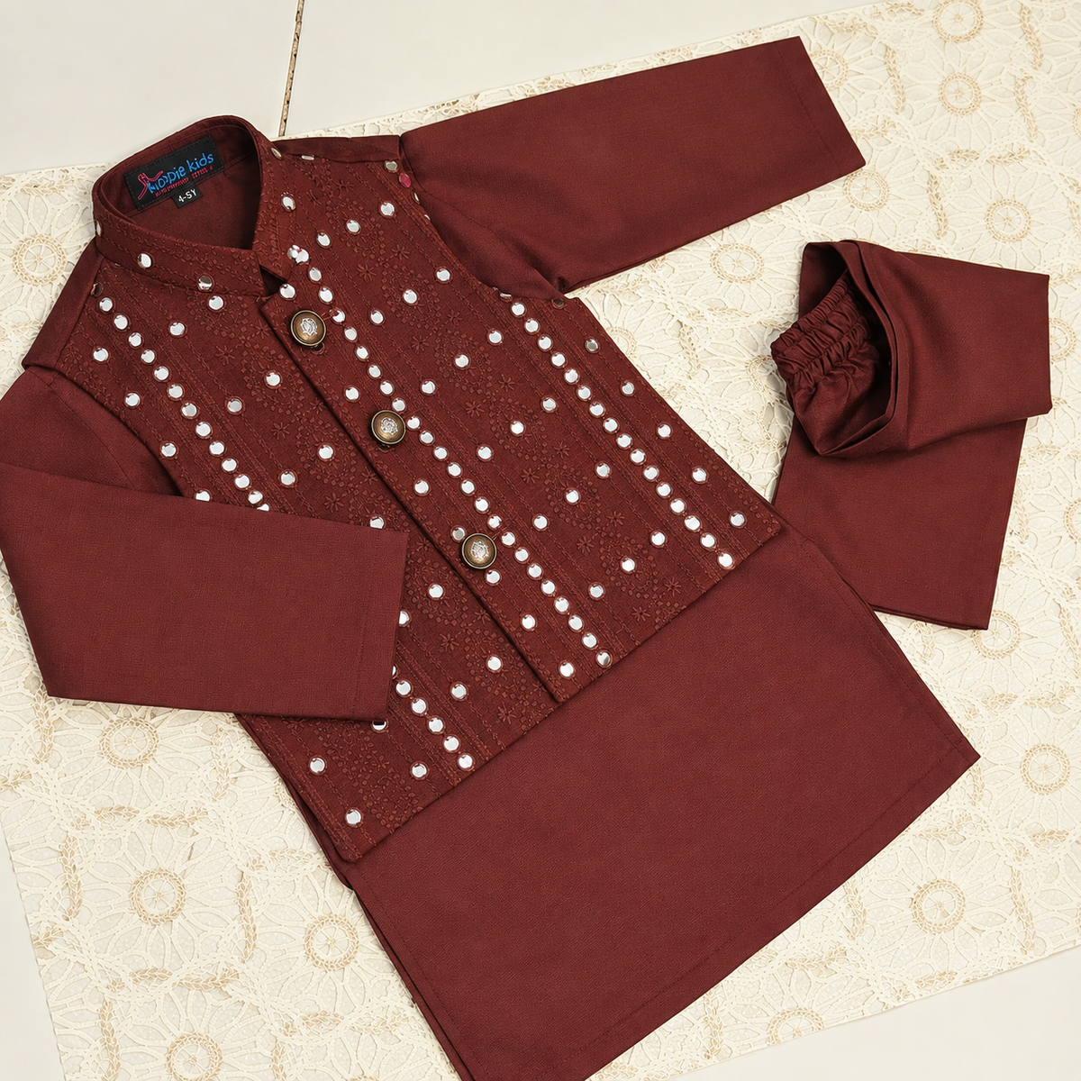Royal Maroon Sequence Embroidered Waistcoat with Kurta Trouser