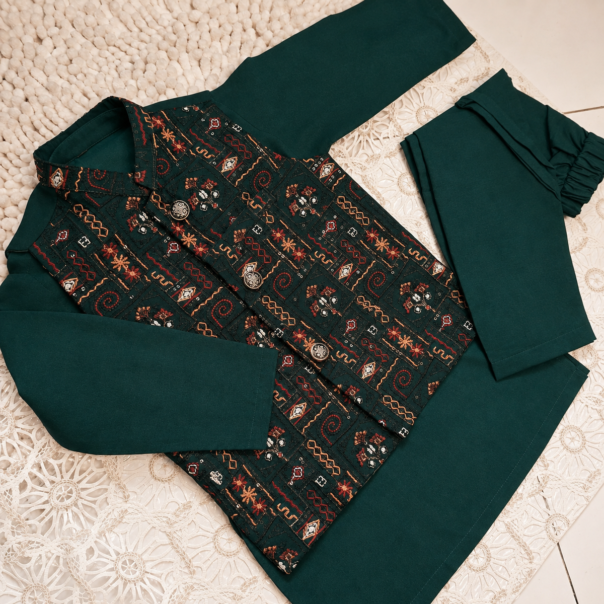 Emerald Green Sequence Embroidered Waistcoat with Kurta Trouser