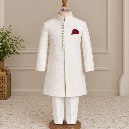 White Self Embroidered Loops Sherwani with Trouser