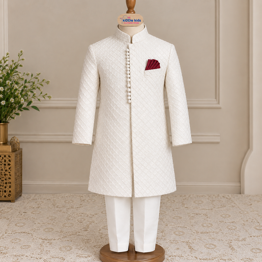 White Self Embroidered Loops Sherwani with Trouser