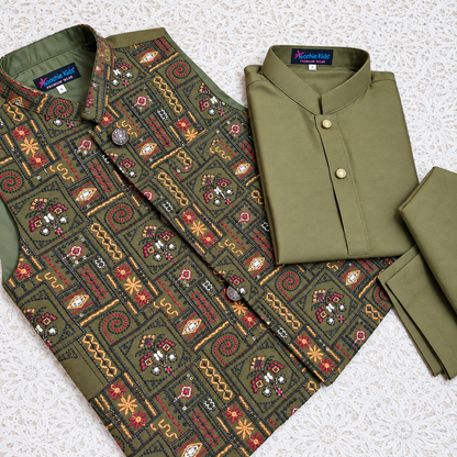 Mehndi Green Sequence Embroidered Waistcoat with Kurta Trouser