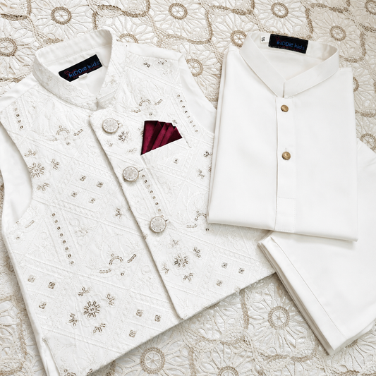 White Sequence Embroidered Waistcoat with Kurta Trouser