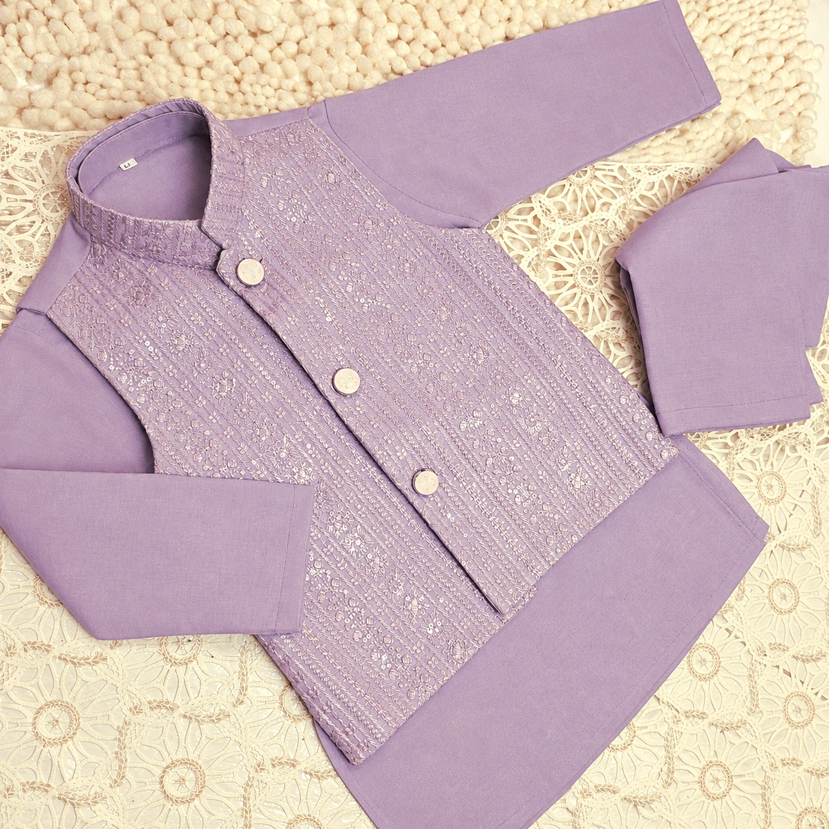 Lilac Sequence Embroidered Waistcoat with Kurta Trouser