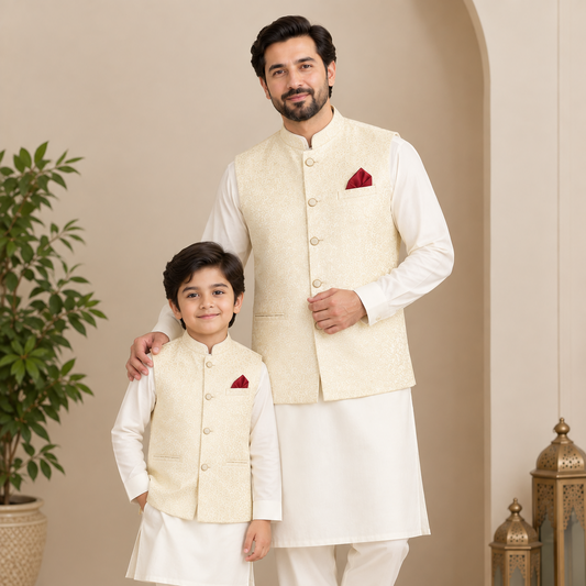 FATHER SON OFFWHITE KURTA TROUSER SET WITH WAISTCOAT