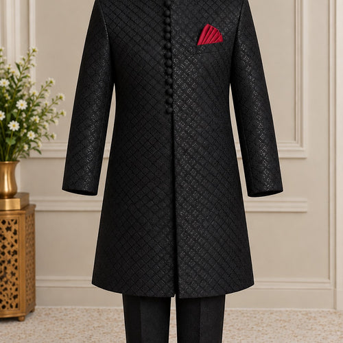 Royal Black Self Embroidered Loops Sherwani with Trouser